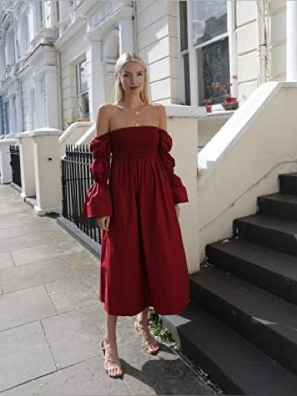 The Drop Women's Bordeaux Off Shoulder Tiered Puff Sleeve Midi Dress